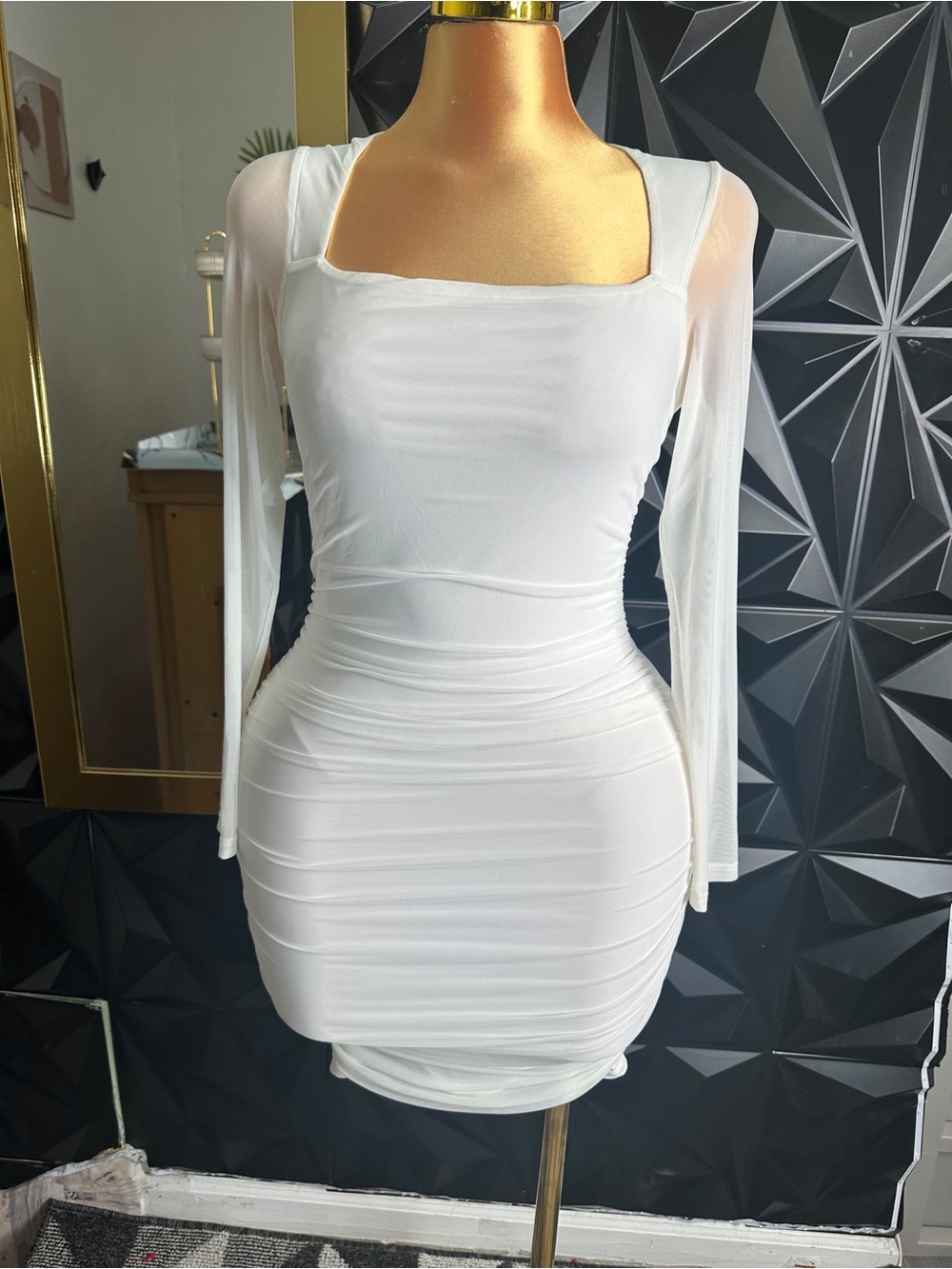 White Square-Neck Long Sleeve Ruched Mini Dress